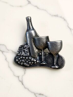 Vintage 925 Sterling Silver Wine Bottle & Glasses Brooch Pin